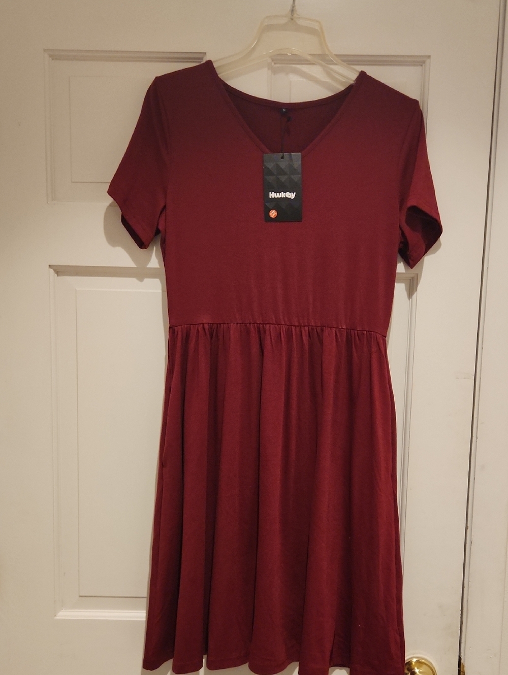 NWT Huukeay V-Neck Short Sleeve Burgundy Women's M Casual Midi Travel Dress